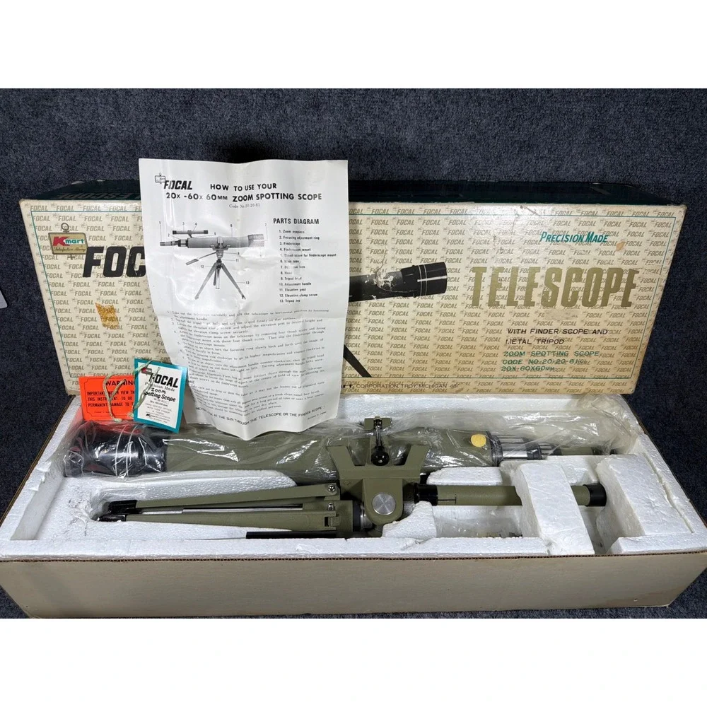 Vintage Focal 20x-60x 60mm Zoom Spotting Scope Telescope Tripod Japan 20-20-61